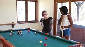 Interracial Lesbian Couple Fingers On Pool Table