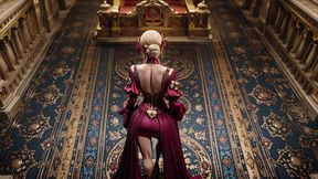 Red Queen on the Golden Throne! Deep velvet gown, lazy chin rest, and a gaze that locks onto you.
