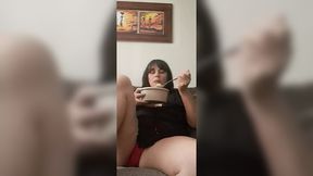 Stepmom enjoys lunch while stepson requests to view more of what he finds appealing
