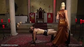Femdom in latex golden dress pegging