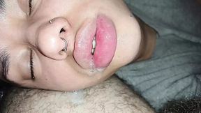 RAIN OF CUM ON THE BIG LIPS OF THE BITCH &mdash;  SHE DELIGHTS IN THE HORNY HORNINESS OF THE CUCKOLD