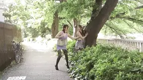 Two female perverts deepthroat his hard and smooth cock