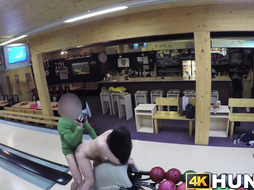 Dark-Haired cheats on her bf for currency at a bowling place