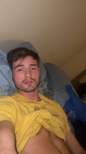 Handsome twink jerks off his thick cock for a messy cum shot