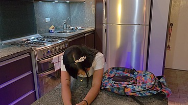 My stepdaughter comes home late because she's with her classmates, but she has no choice but to pay her punishment with sex