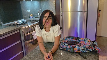 My stepdaughter comes home late because she's with her classmates, but she has no choice but to pay her punishment with sex