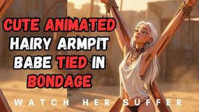 super cute animated hairy armpit babe so sexy she needs to be punished tied to a x frame in BDSM bondage fantasy struggle