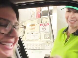 I put the gas station attendant in the car so that babe could have great sex with me and my spouse until that babe was drooling cum all over his dong, the drool from her cunt even leaked onto his balls!