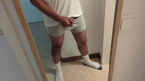 super-naughty dude in milky socks stroking off his manhood, noisy bellowing