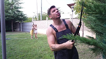 Gardener’s Big Dick Switched Between Two Girls Next To House