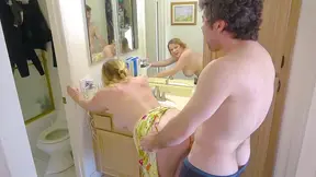 Stepmom bent over scrubbing the tub gets fucked from behind