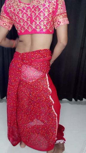 Gorgeous sexy red saree wearing like my stepmom sexy figur