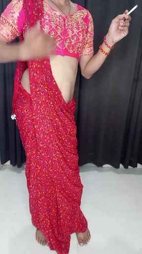 Gorgeous sexy red saree wearing like my stepmom sexy figur