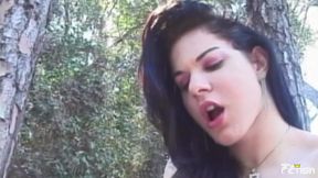 Tattooed shemale gets her ass fucked by a guy while she pounds a babe outdoor