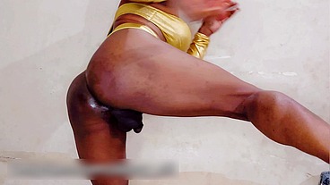 Femboy nasty and sexy fuck in golden lingerie while in chastity cage