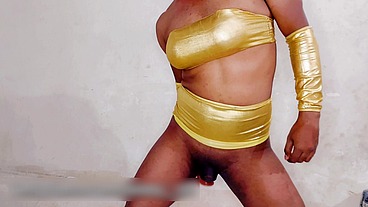 Femboy nasty and sexy fuck in golden lingerie while in chastity cage