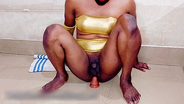 Femboy nasty and sexy fuck in golden lingerie while in chastity cage
