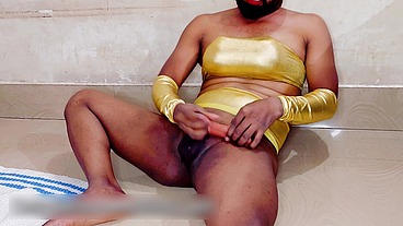 Femboy nasty and sexy fuck in golden lingerie while in chastity cage