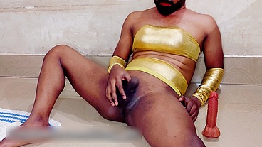 Femboy nasty and sexy fuck in golden lingerie while in chastity cage