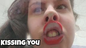 Red Lips Kissing Through Glass Table - Squished Face & Deformed Lips POV