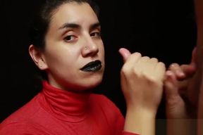 CFNM - Red turtleneck, Black lips - Handjob + Cum mouthful + Cum on clothes