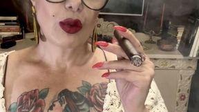 Irresistible - Beautiful and elegant lady, wearing her long vinyl dress, carefully combed blonde hair, dark red lipstick, very well made up, long red nails, deliciously smoking a nice cigar - Throwing a lot of smoke in her face, Coughing, Long drag, Multi