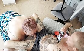 Granny Enjoys Sucking and Stroking Tatted Stud's Big Boner