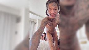 Chubby tattooed hoe spit roasted by big black dicks in hotel apt