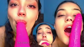 Hot college girl deepthroating a dildo and keeps asking for cum on her face