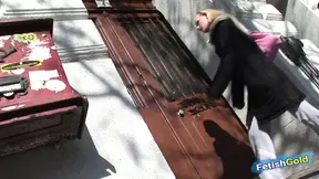 Skinny blonde babe gets double penetrated after photoshoot