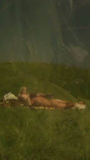 Western Meadow Sex - Curly Blonde in Stockings Fucked Doggy in the Grass