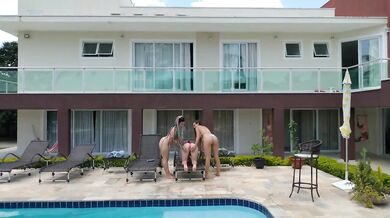 Three Brazilian Teens share his massive cock in a wild threesome gangbang orgy
