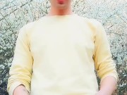 Spring jerking backyard - Fat dick , 2 cumshots and own cum licking