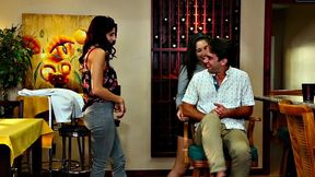 Coffee House hook-up turns into a wild threesome with piercing and cowgirl action