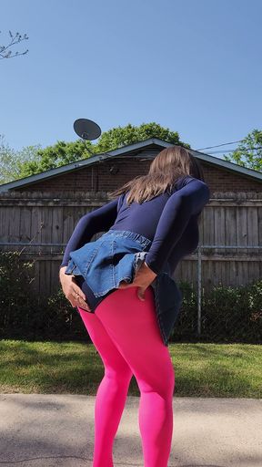 Gay, CD, outdoor tease. Pantyhose,leotard and skirt.
