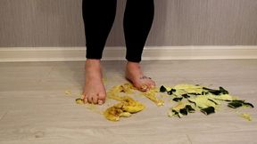bare feet crush crushing bananas and courgettes