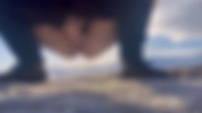 HD shaved pussy peeing in the snow, in boots, at private gorgeous location