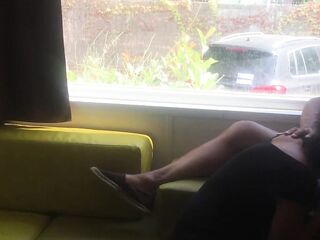 Camping risky public blowjob in front of an open window