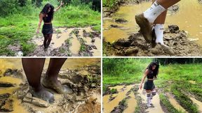Black stockings in mud, muddy feet, wet stockings, white socks in mud, knee socks in mud, girl stuck in mud, girl in white socks in mud, girl making her feet muddy, muddy feet, muddy stockings, muddy socks, ruined socks in mud, wrecked socks