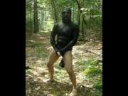 jerking off outdoors in beavertail wetsuit top, latex gloves and gasmask