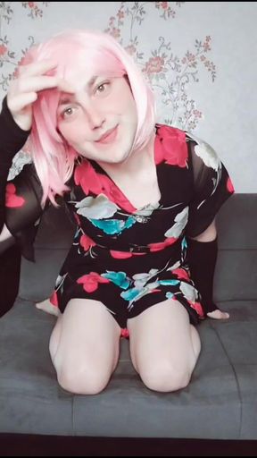Flowered Pinky and Black Hair Cute Young