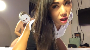 Buxxom teen ladyboy Mos in outfit fucks guy to return the favor