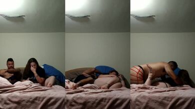 Smoking brunette worships his feet while panties ride thick thighs