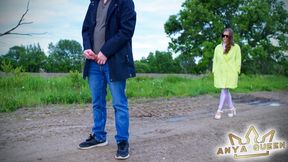 49-A bitch in a purple shiny nylon suit sucked a STRANGER's cock, let him touch her gorgeous natural tits, handjob and cum on her clothes. *FHD 60fps