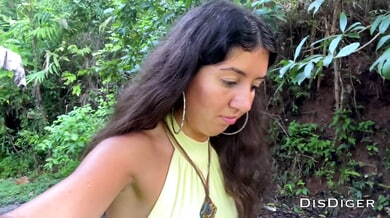 Curvy brunette gets taken in the forest after blowing her muscular lover on a motorcycle