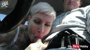 Inked Whore Swallows Cum After A BJ In The Car - Free Porn Video