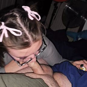 Gave him sexy blowjob with bows in my hair and swallowed