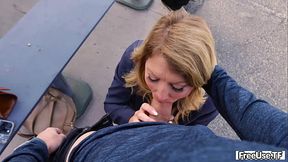 Elegant brunette Summer Stevens gives a handjob and blowjob in the bus stop