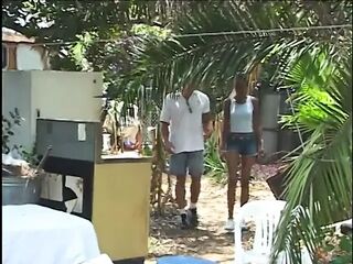 Doxy gets jizzed on after sucking stud's jock outside and getting pussy fucked