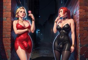 Three futanari with huge cocks seduced a guy in a nightclub and then mercilessly fucked him in a dark alley